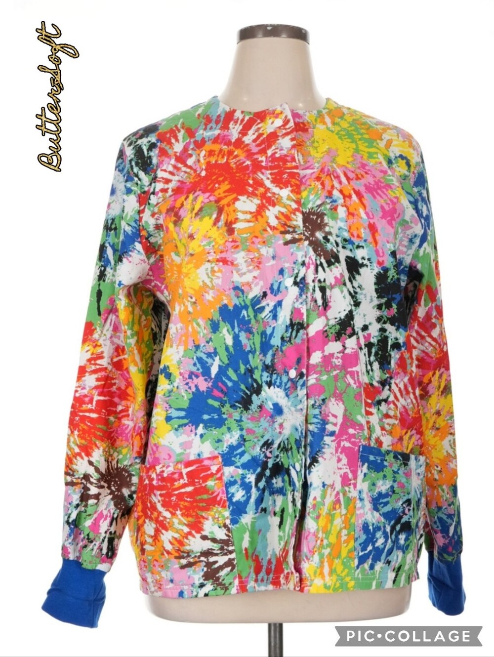 Butter-Soft blazer jacket multicolor abstract paint splatter snap front, pockets